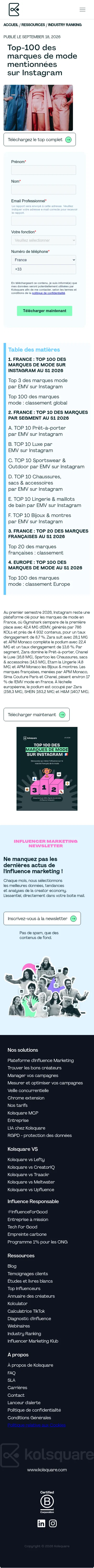 kolsquare.com/fr/industry-ranking/top-100-des-marques-de-mode-mentionnees-sur-instagram on mobile, full screenshot