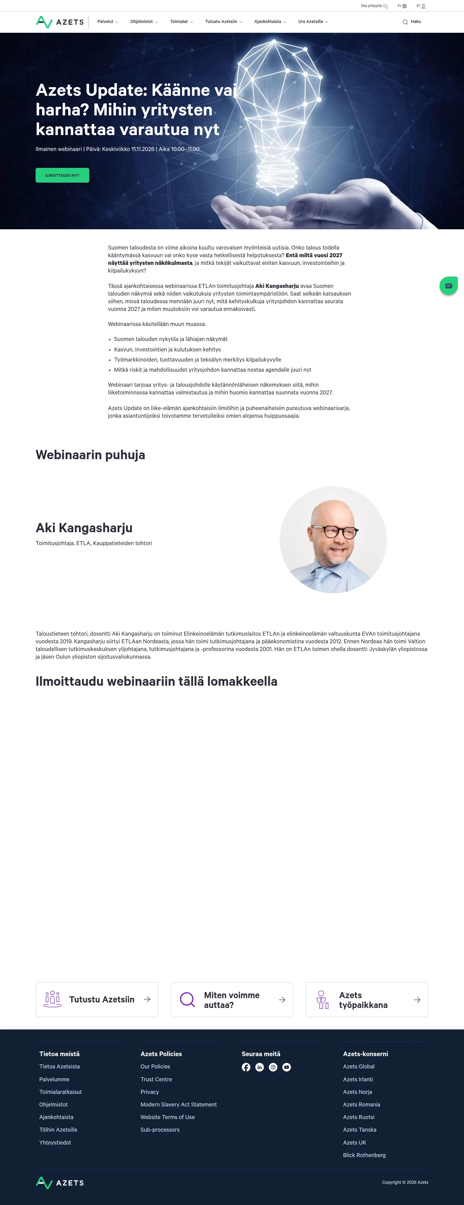 azets.com/fi-fi/ajankohtaista/webinaarit/kaanne-vai-harha-mihin-yritysten-kannattaa-varautua-nyt on desktop, full screenshot