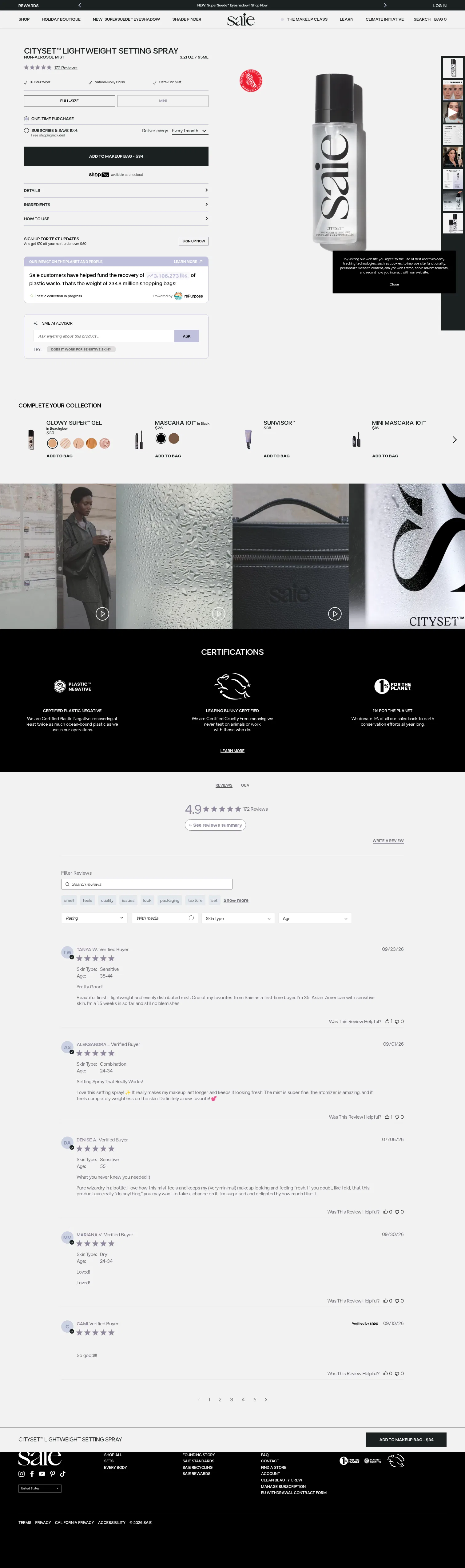 saiehello.com/products/cityset-lightweight-setting-spray on desktop, full screenshot