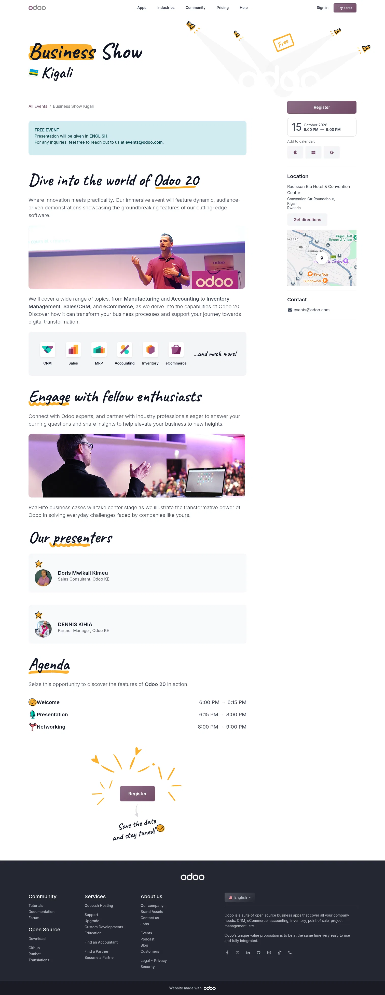 odoo.com/event/business-show-kigali-11784/register on desktop, full screenshot