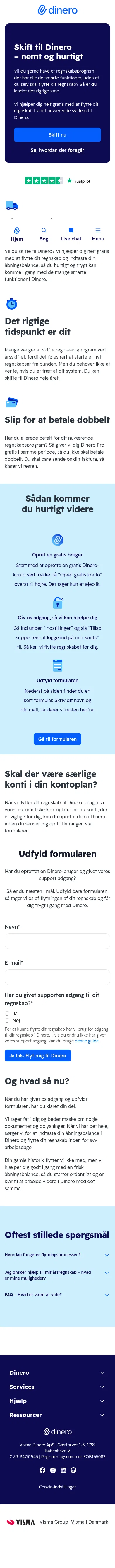 dinero.dk/flyt-regnskab on mobile, full screenshot