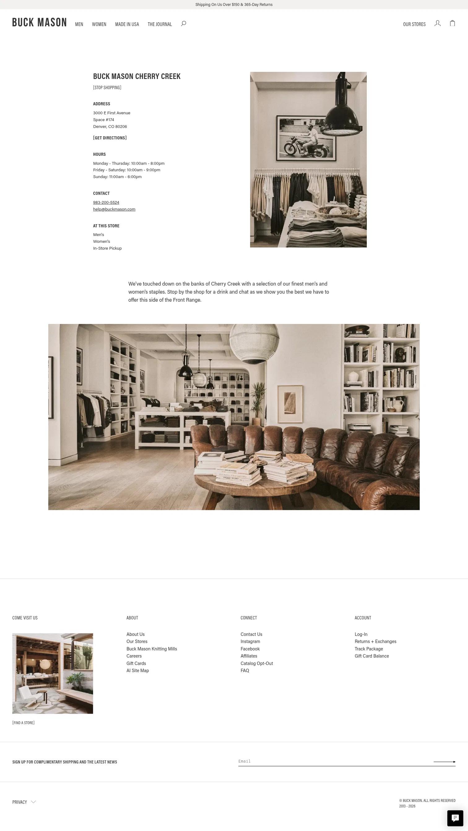 buckmason.com/pages/buck-mason-cherry-creek on desktop, full screenshot