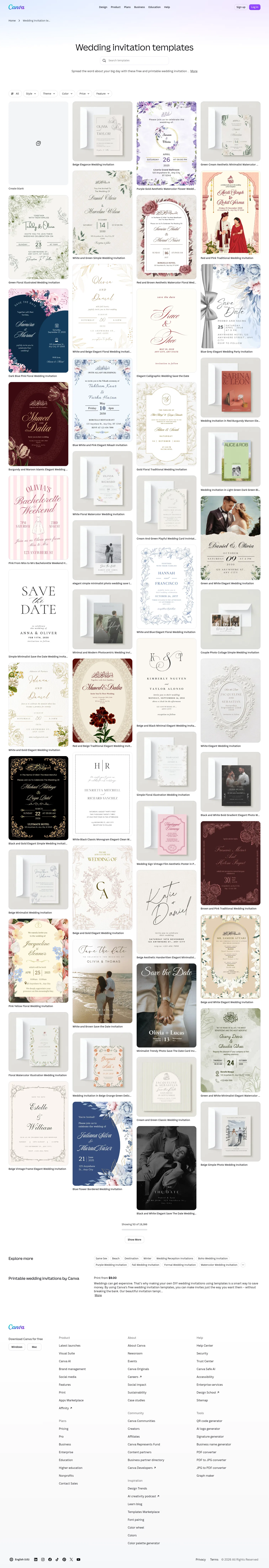 canva.com/wedding-invitations/templates on desktop, full screenshot