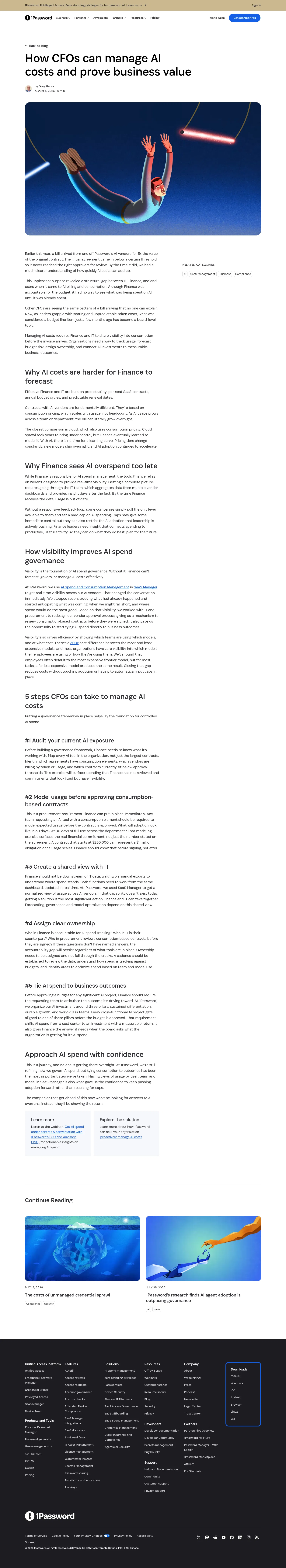 1password.com/blog/how-cfos-manage-ai-costs on desktop, full screenshot