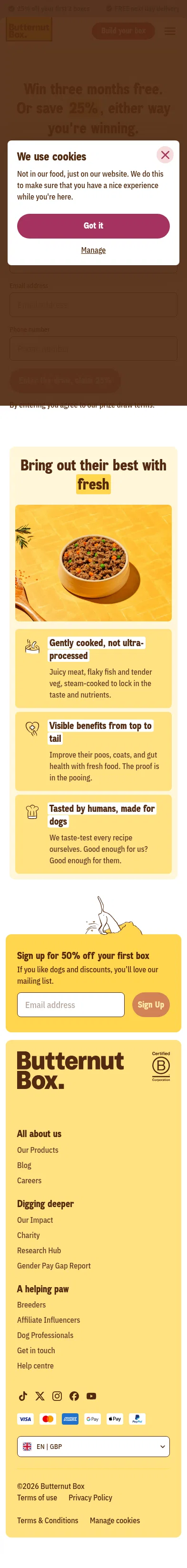 butternutbox.com/lp/competition-entry/meta-25-off-2 on mobile, full screenshot
