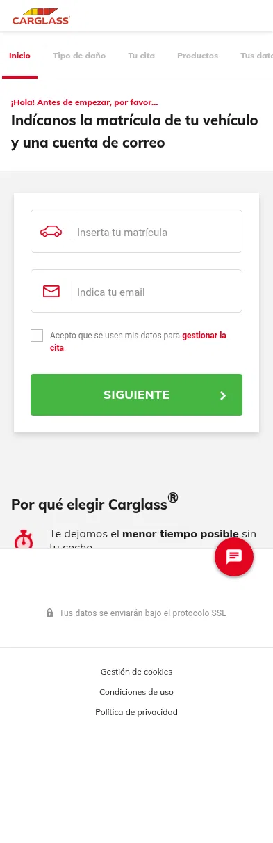 carglass.es/pide-cita/matricula on mobile, full screenshot
