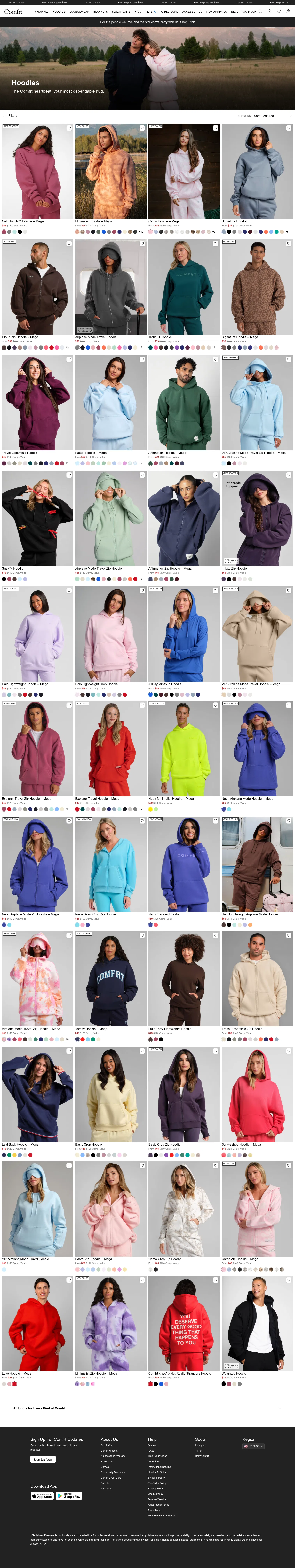 comfrt.com/collections/hoodies on desktop, full screenshot