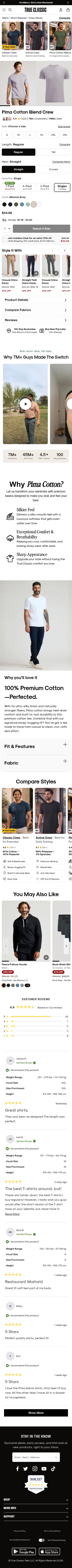trueclassictees.com/products/minimal-gray-pima-cotton-blend-crew on mobile, full screenshot