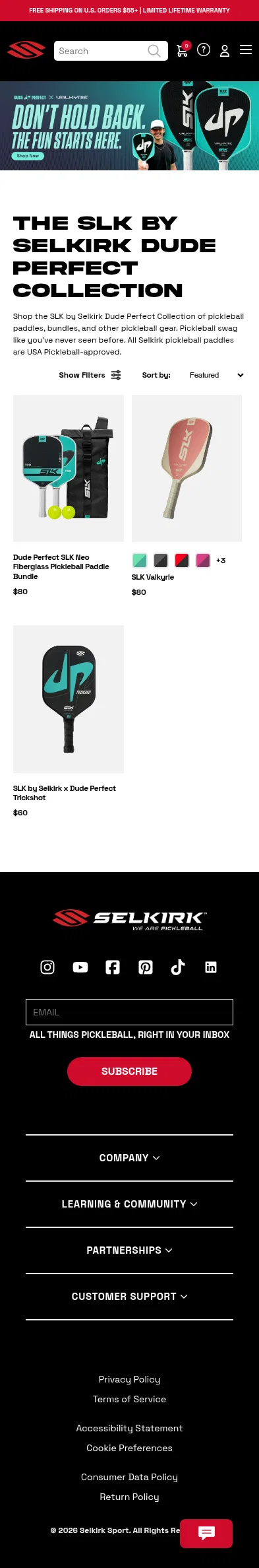 selkirk.com/collections/dude-perfect on mobile, full screenshot