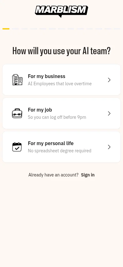 ai.marblism.com/onboarding on mobile