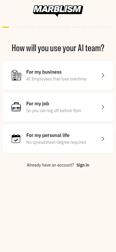 ai.marblism.com/onboarding on mobile, full screenshot