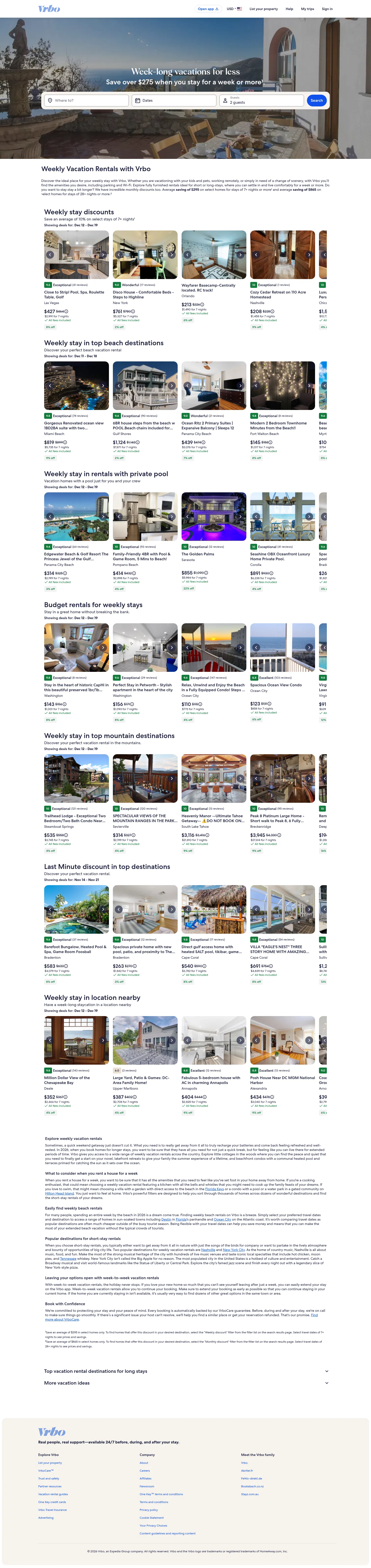 vrbo.com/travel/weekly-vacation-rentals on desktop, full screenshot