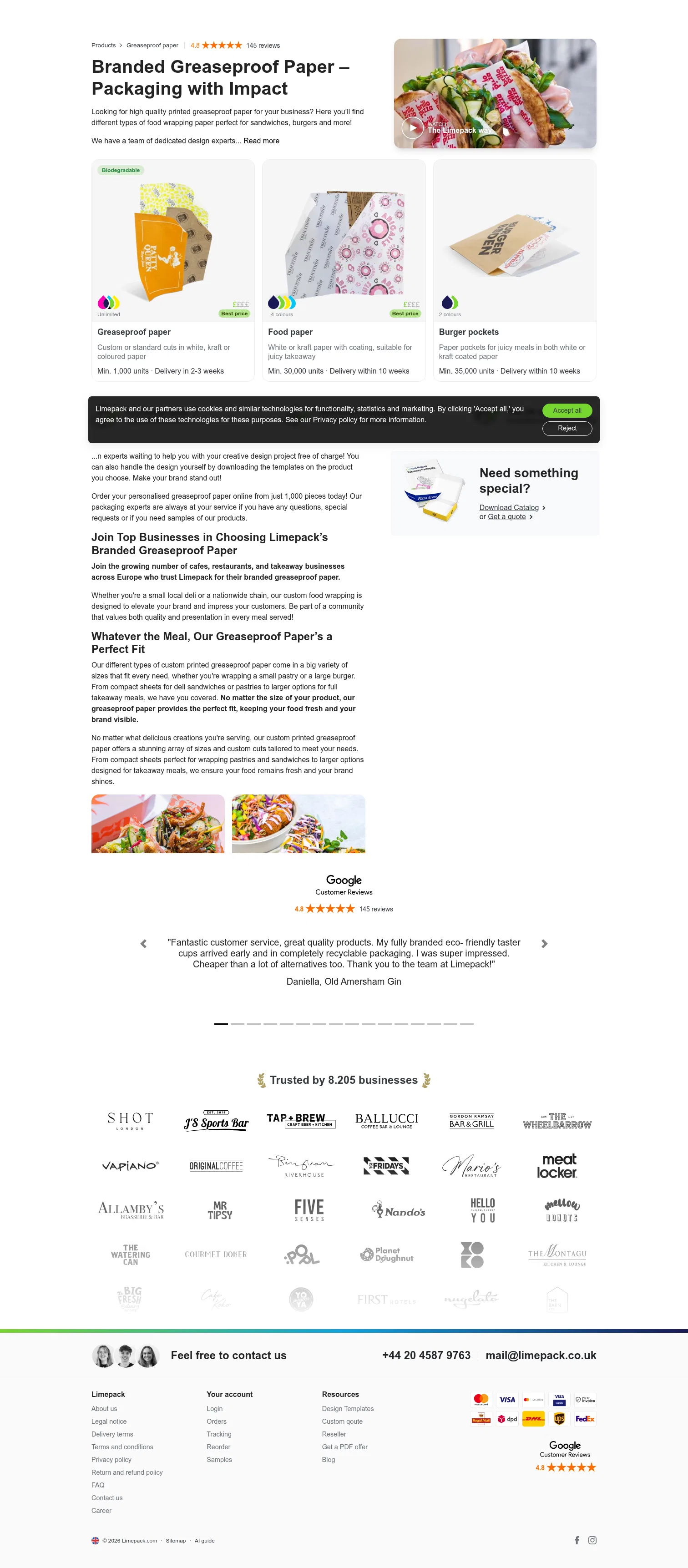 limepack.co.uk/branded-greaseproof-paper on desktop, full screenshot