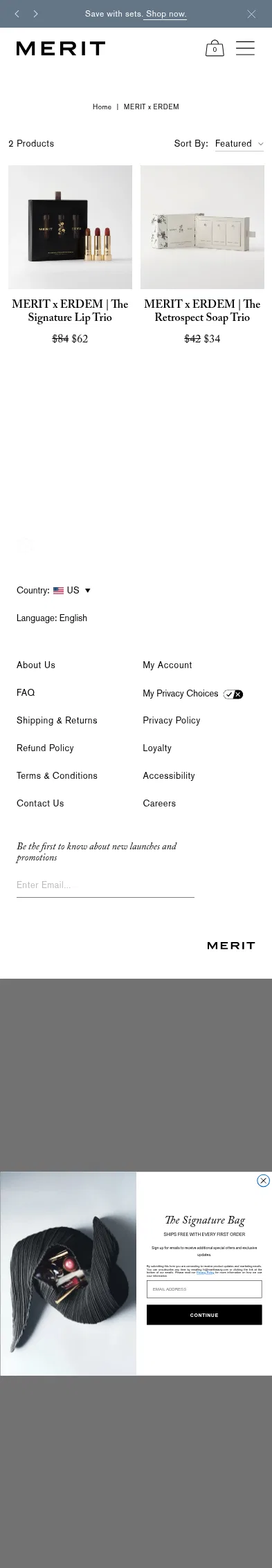 meritbeauty.com/collections/merit-x-erdem on mobile, full screenshot