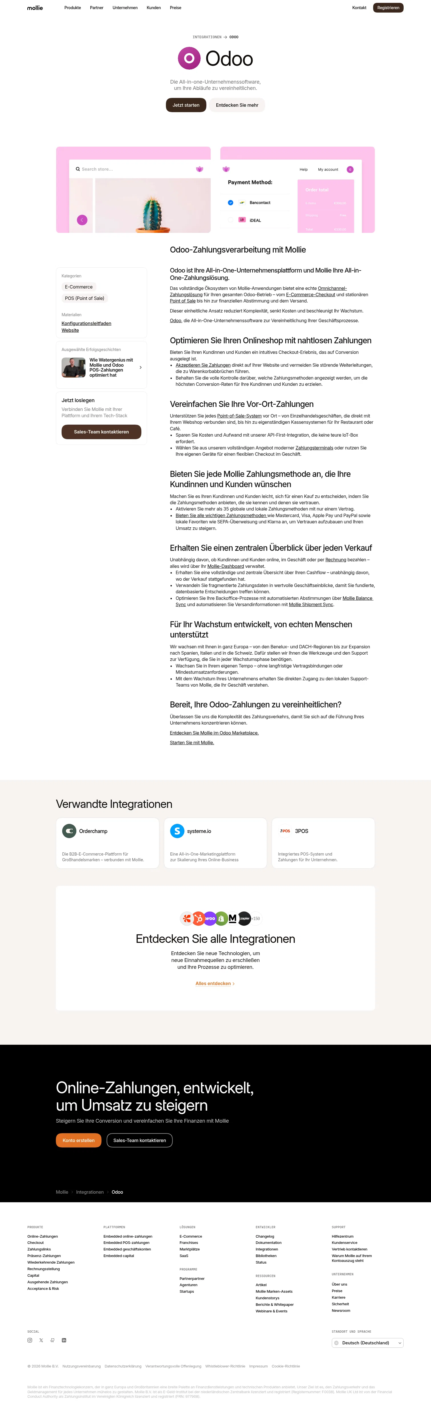 mollie.com/de/integrations/odoo on desktop, full screenshot