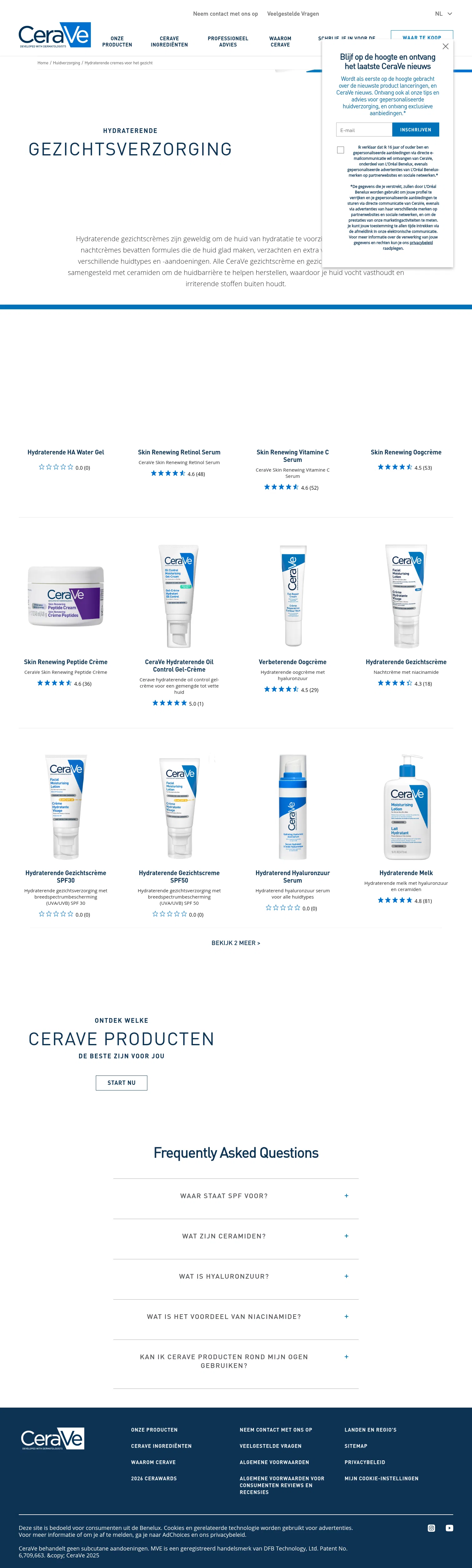 cerave.be/nl-be/huidverzorging/hydraterende-cremes-voor-het-gezicht on desktop, full screenshot