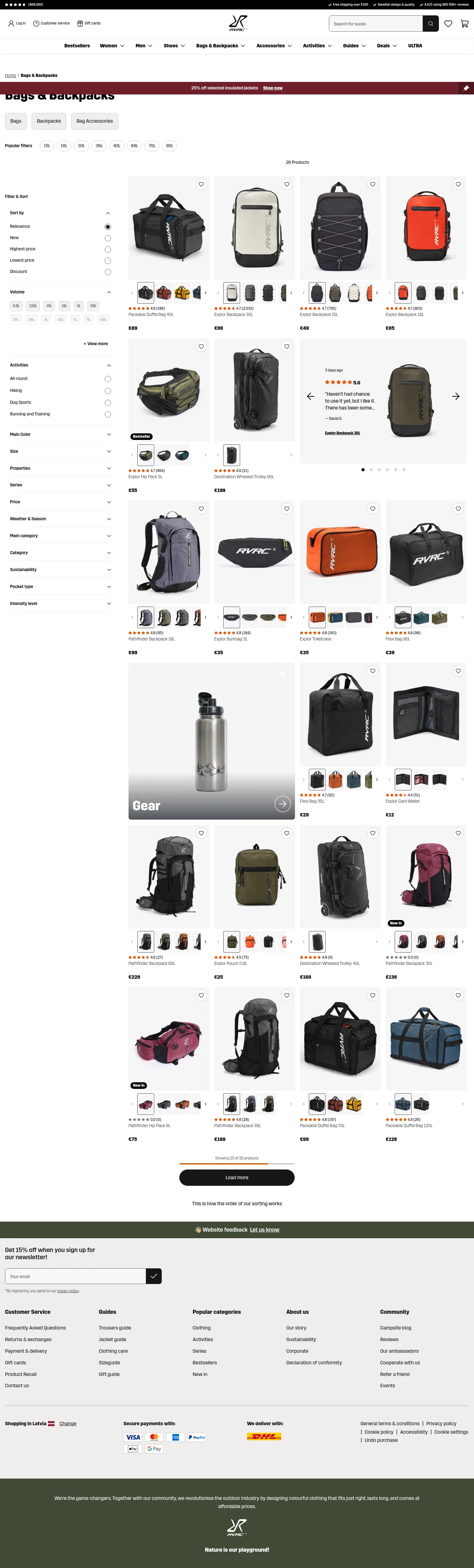 revolutionrace.eu/bags-backpacks on desktop, full screenshot