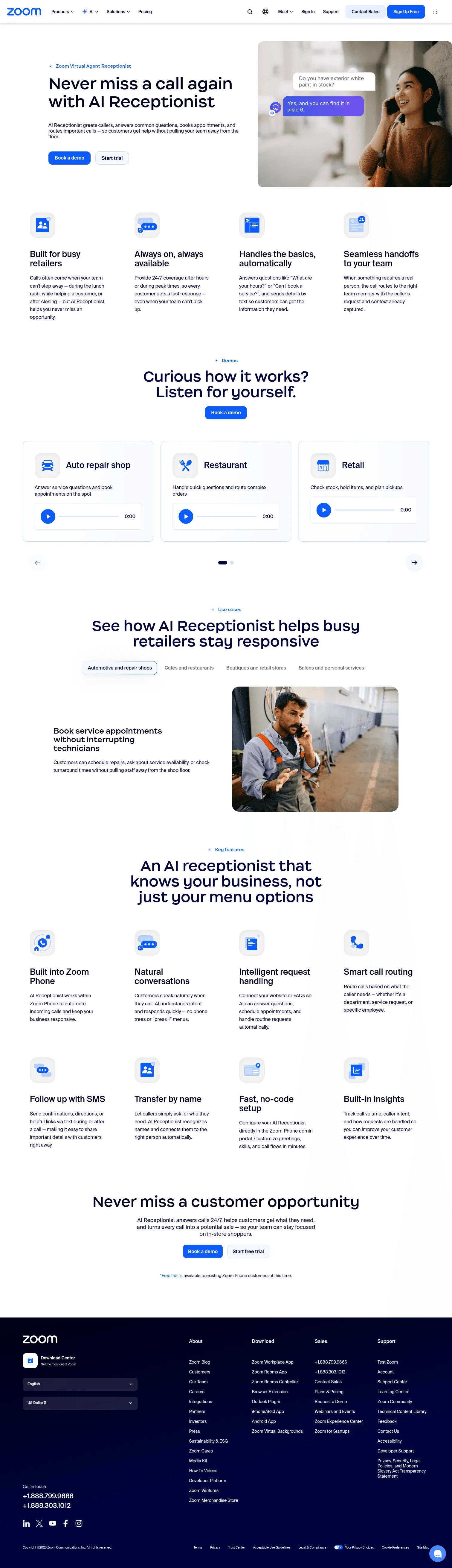 zoom.com/en/small-business/retail/receptionist on desktop, full screenshot