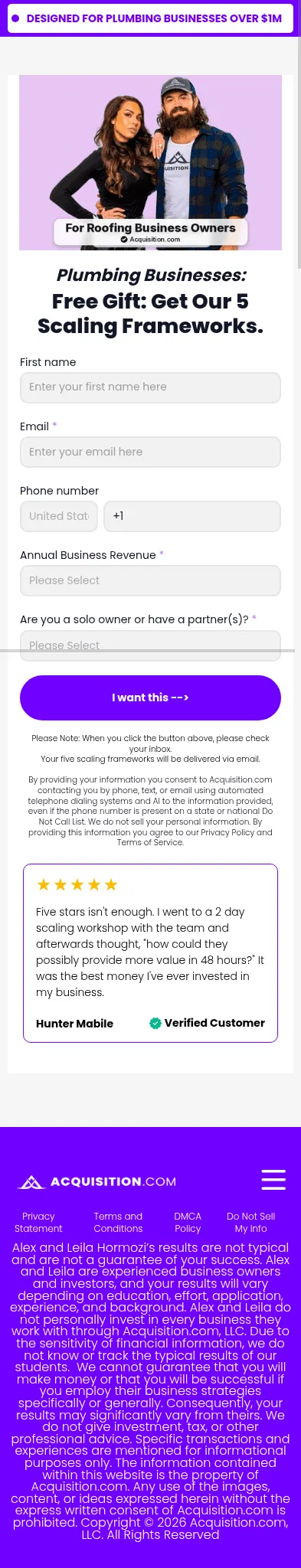 acquisition.com/opt-in-plumbing on mobile, full screenshot