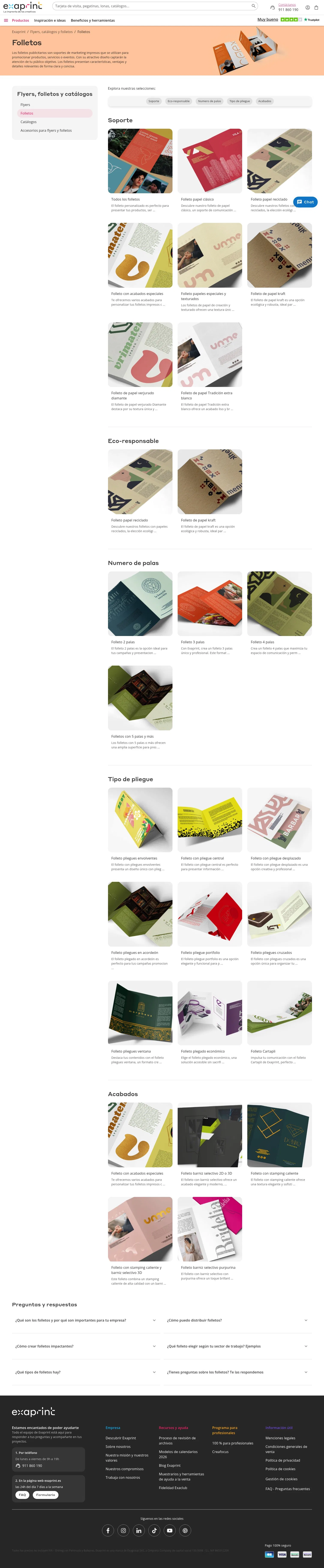 exaprint.es/material-marketing/folletos on desktop, full screenshot