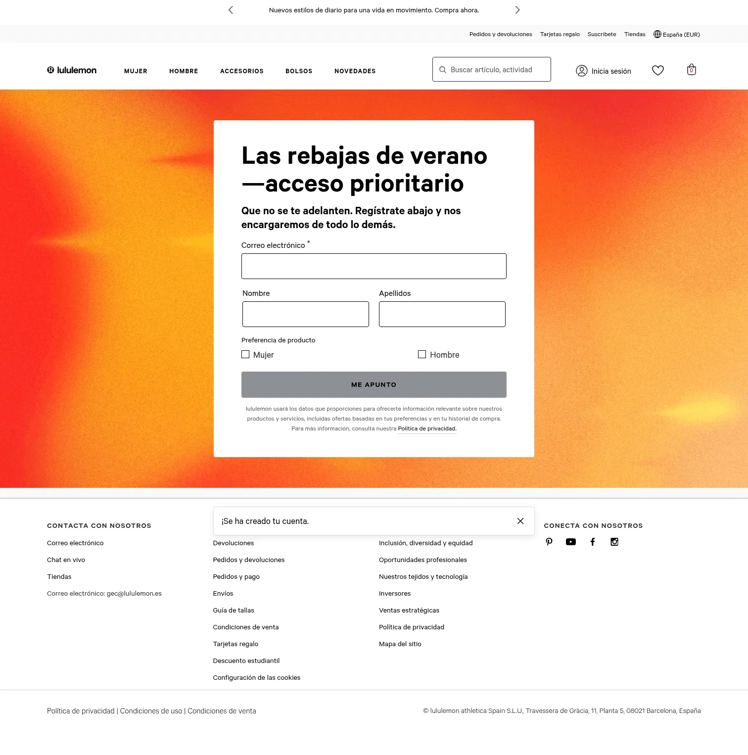 lululemon.es/es-es/email/sale-sign-up.html on desktop, full screenshot