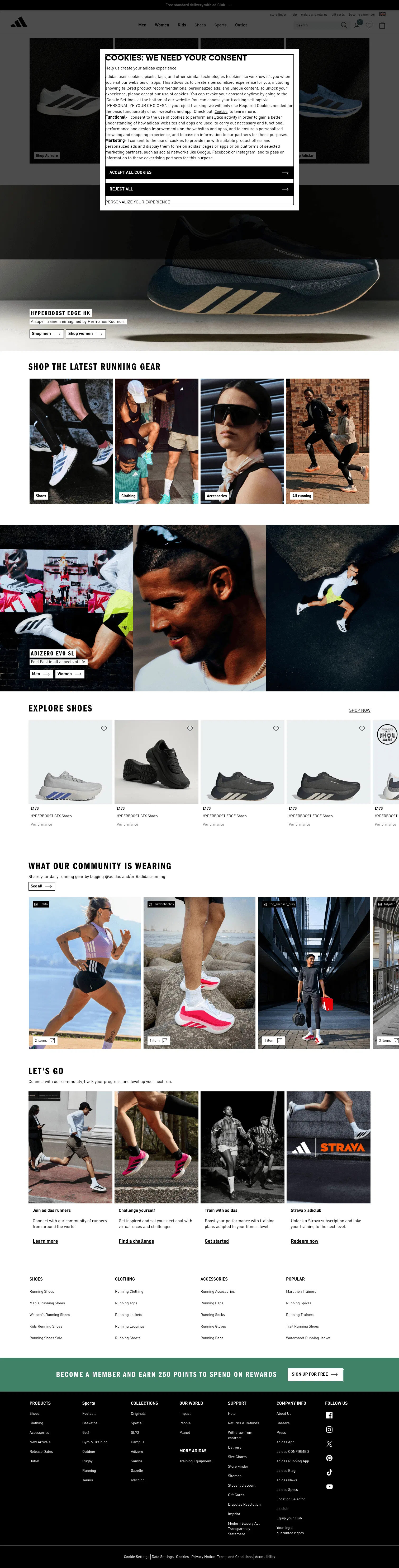 adidas.co.uk/running on desktop, full screenshot