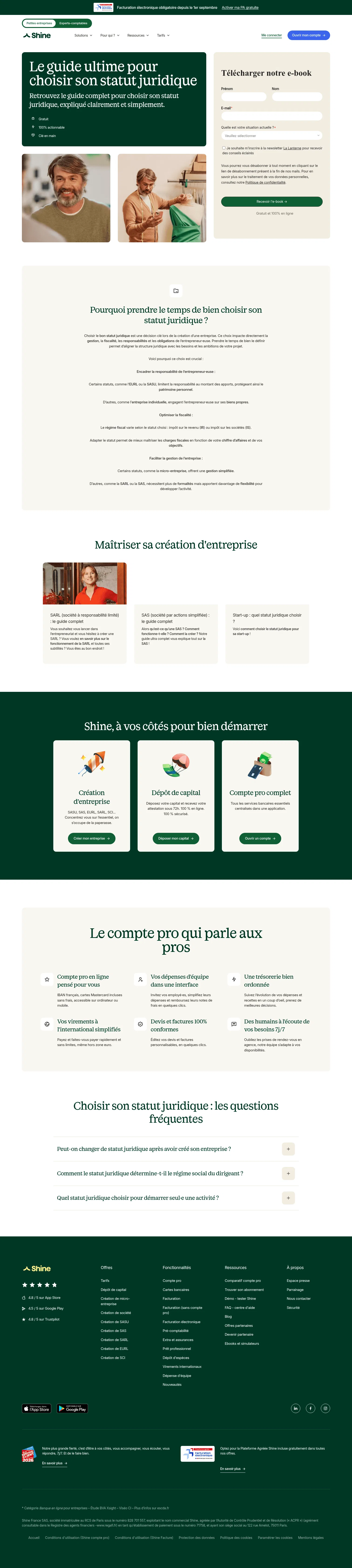 shine.fr/ebook-choisir-son-statut-juridique on desktop, full screenshot