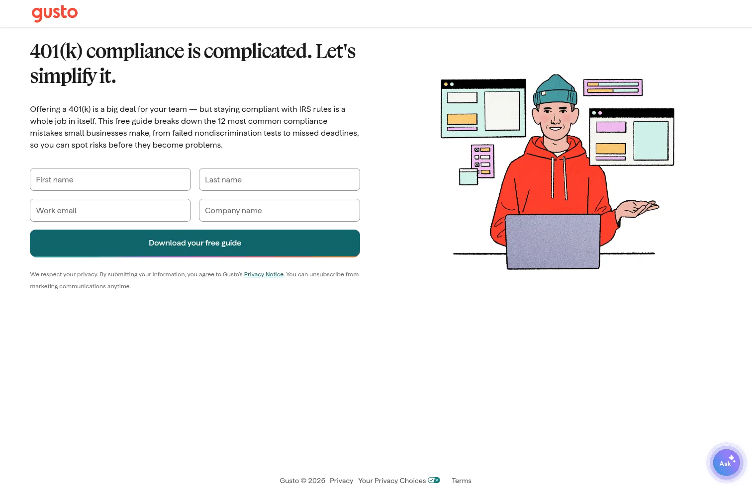 gusto.com/go/common-401k-compliance-mistakes on desktop, full screenshot