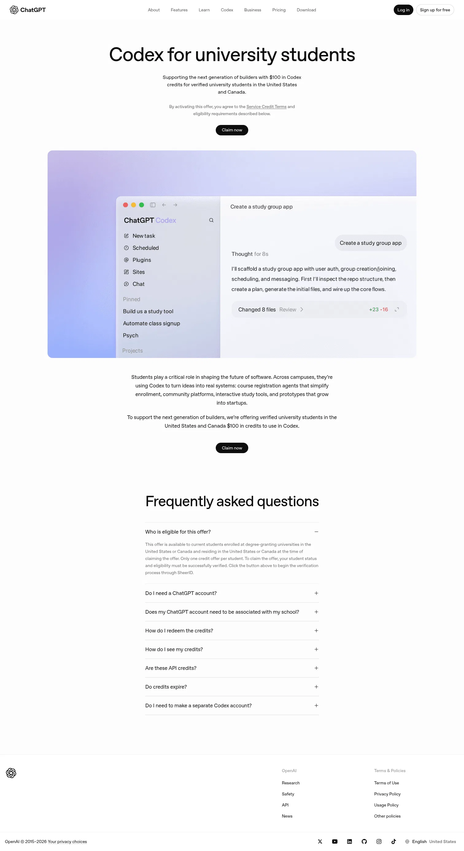 chatgpt.com/codex/students on desktop, full screenshot