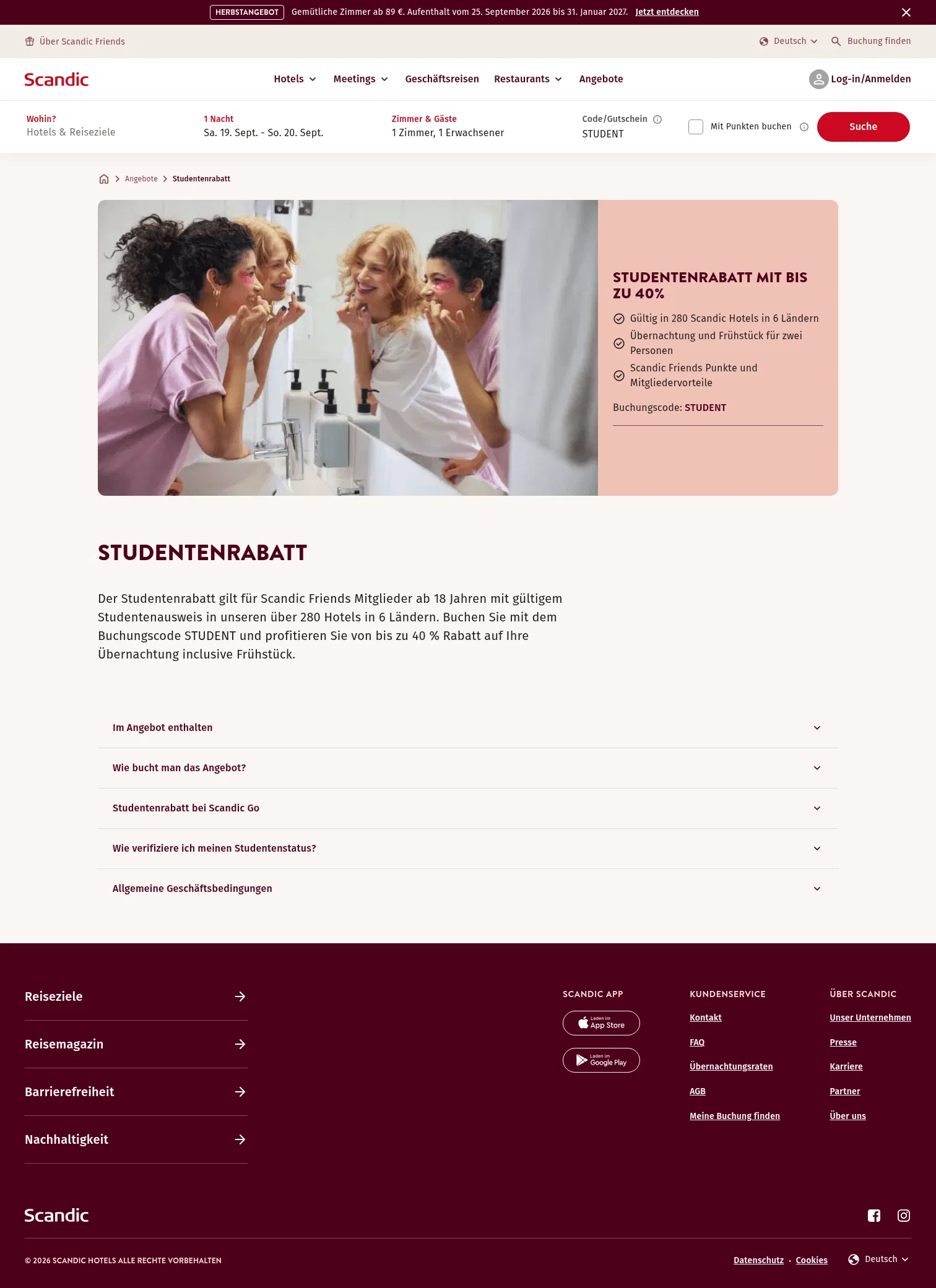 scandichotels.com/de/angebote/student on desktop, full screenshot