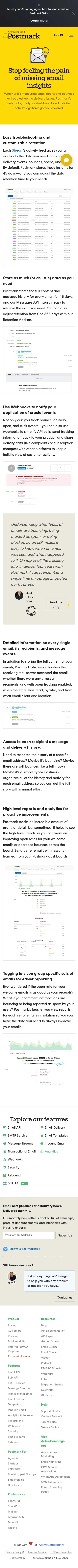 postmarkapp.com/email-analytics on mobile, full screenshot