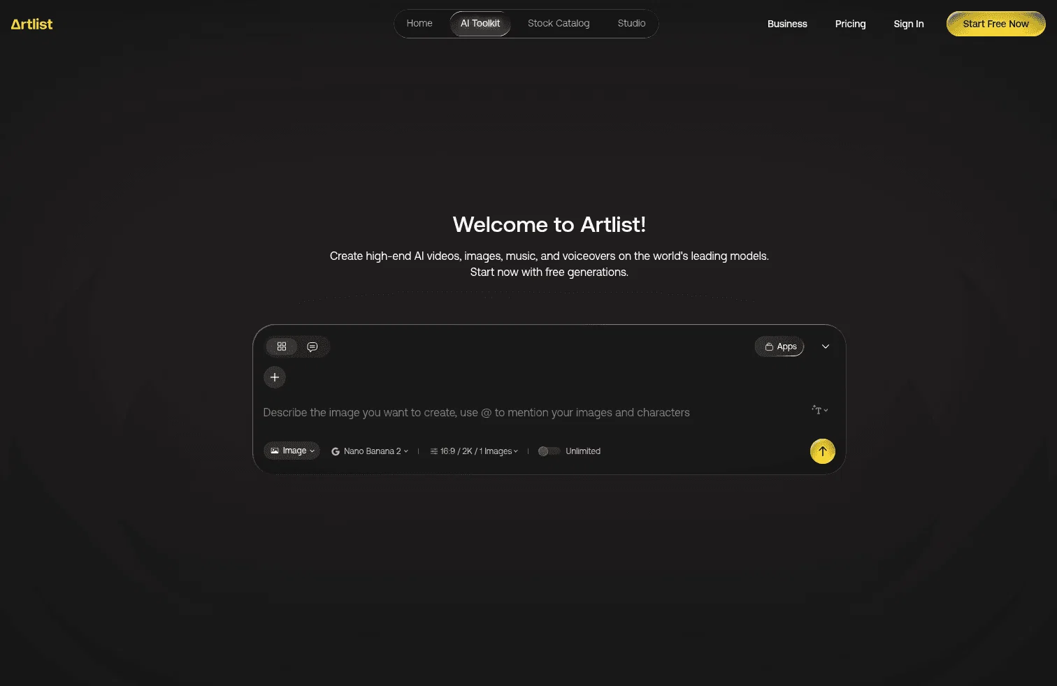 Artlist landing page