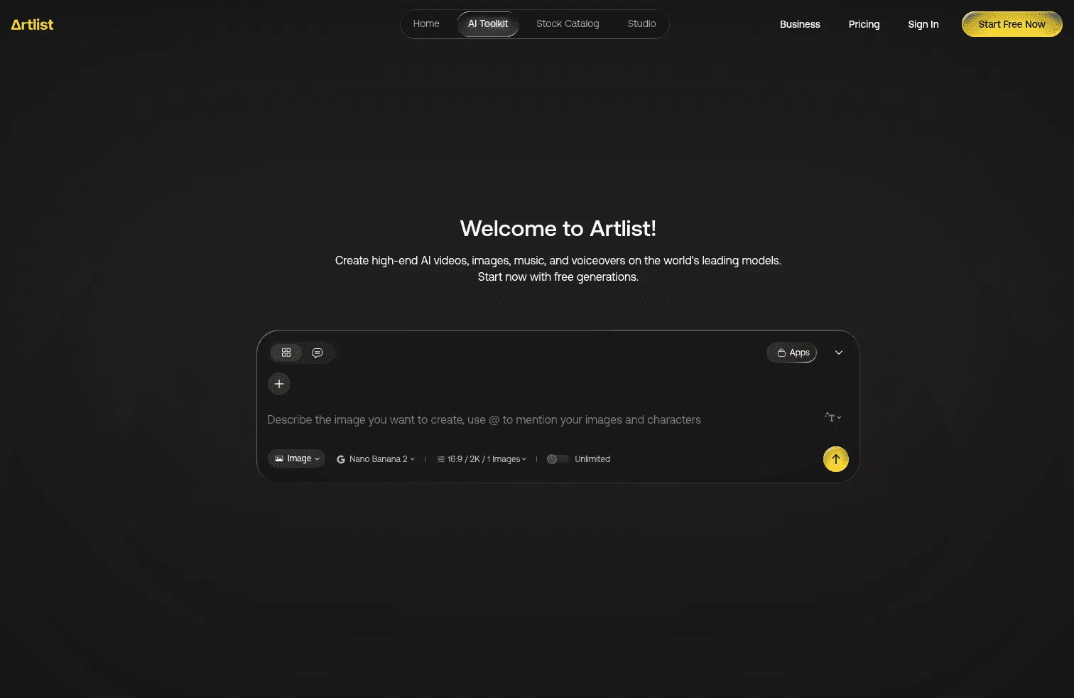 toolkit.artlist.io/new on desktop, full screenshot