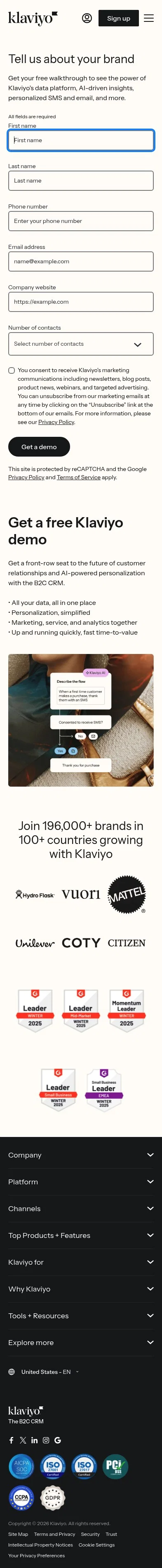 klaviyo.com/de/demo-request on mobile