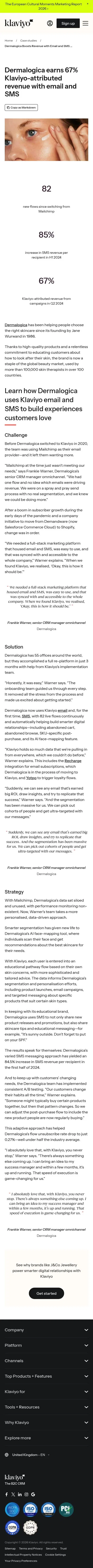 klaviyo.com/uk/customers/case-studies/dermalogica-email-sms on mobile, full screenshot