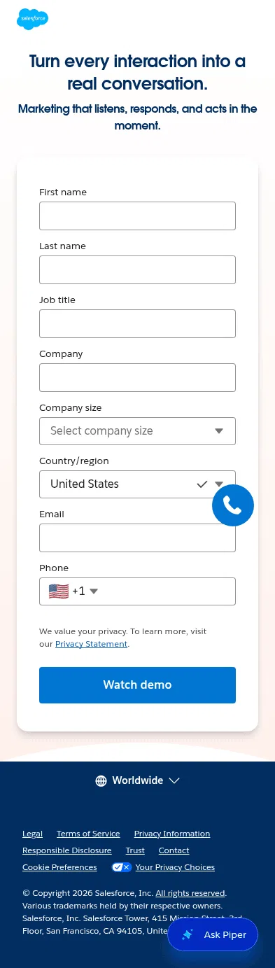 salesforce.com/marketing/demos/two-way-conversations on mobile, full screenshot