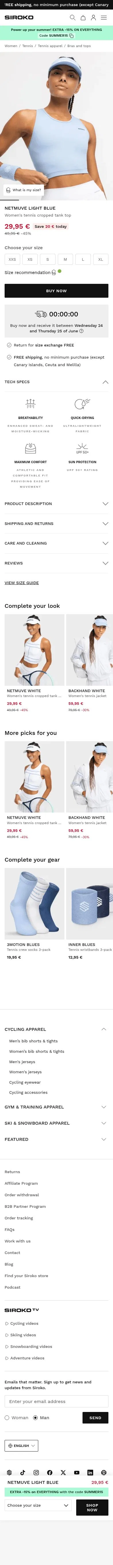 siroko.com/p/netmuve-light-blue-tennis-cropped-tank-top-women on mobile, full screenshot
