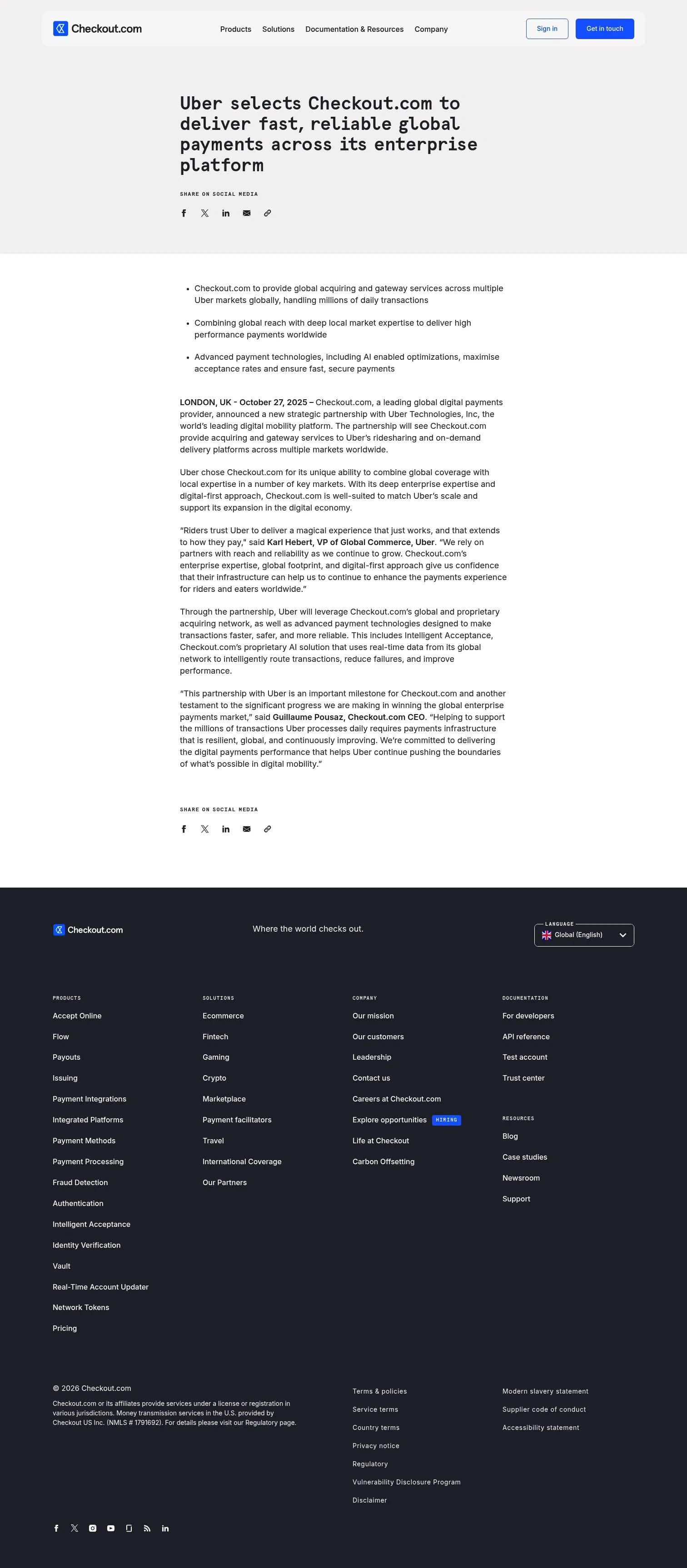 checkout.com/newsroom/uber-selects-checkout-com-to-deliver-fast-reliable-global-payments-across-its-enterprise-platform on desktop, full screenshot