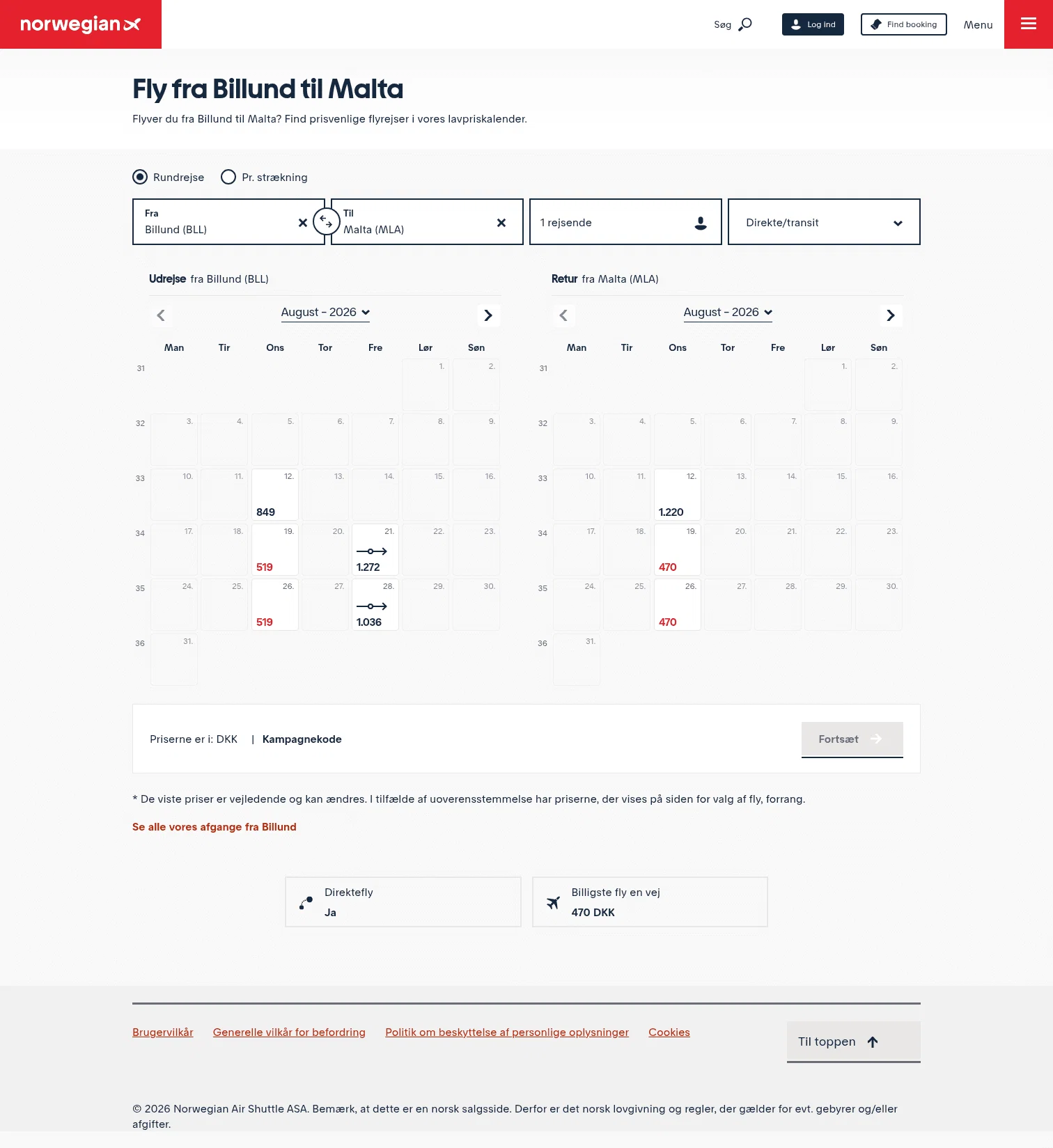 norwegian.com/dk/lavpriskalender/Billund-Malta on desktop