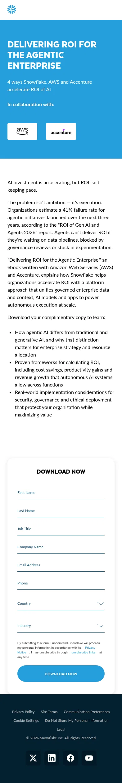 snowflake.com/en/resources/ebook/delivering-roi-for-the-agentic-enterprise on mobile, full screenshot