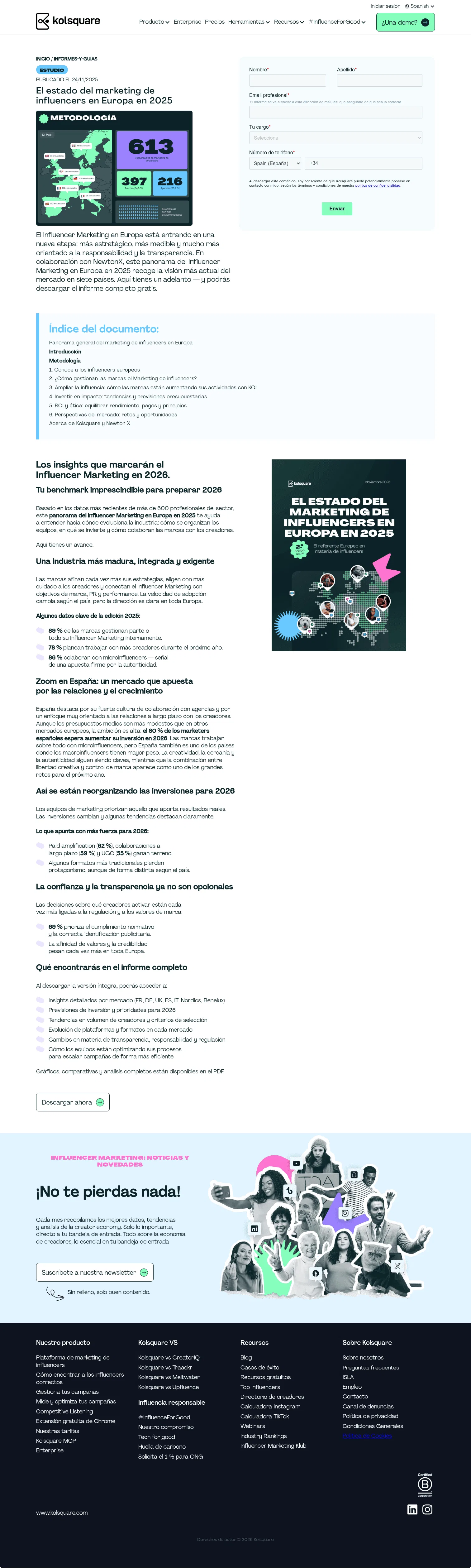 kolsquare.com/es/informes-y-guias/el-estado-del-marketing-de-influencers-en-europa-en-2025 on desktop, full screenshot