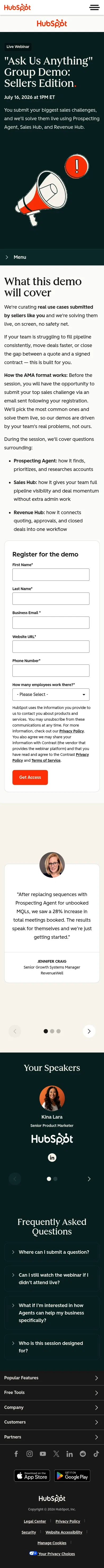 offers.hubspot.com/ask-us-anything-group-demo-sellers-edition on mobile, full screenshot