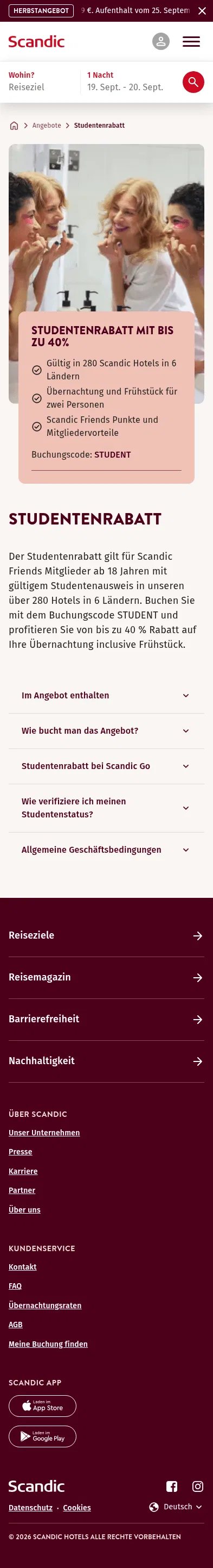 scandichotels.com/de/angebote/student on mobile, full screenshot