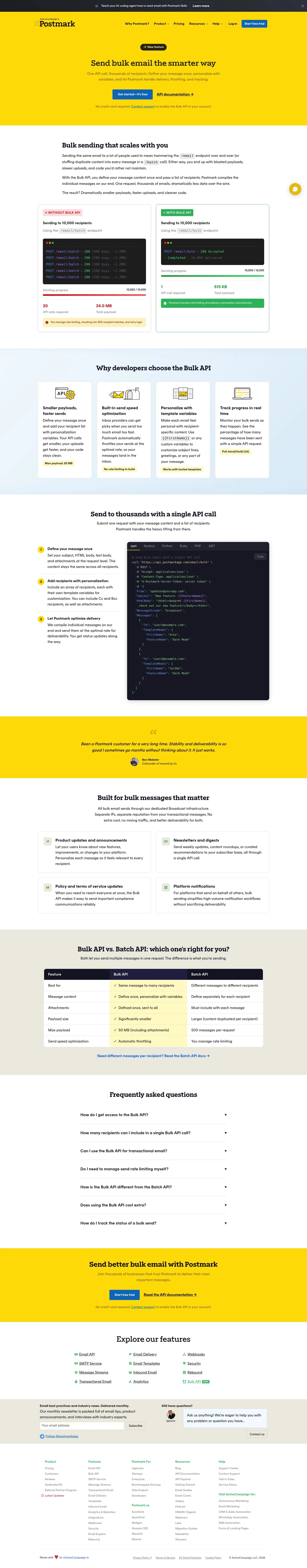 postmarkapp.com/bulk-api on desktop, full screenshot
