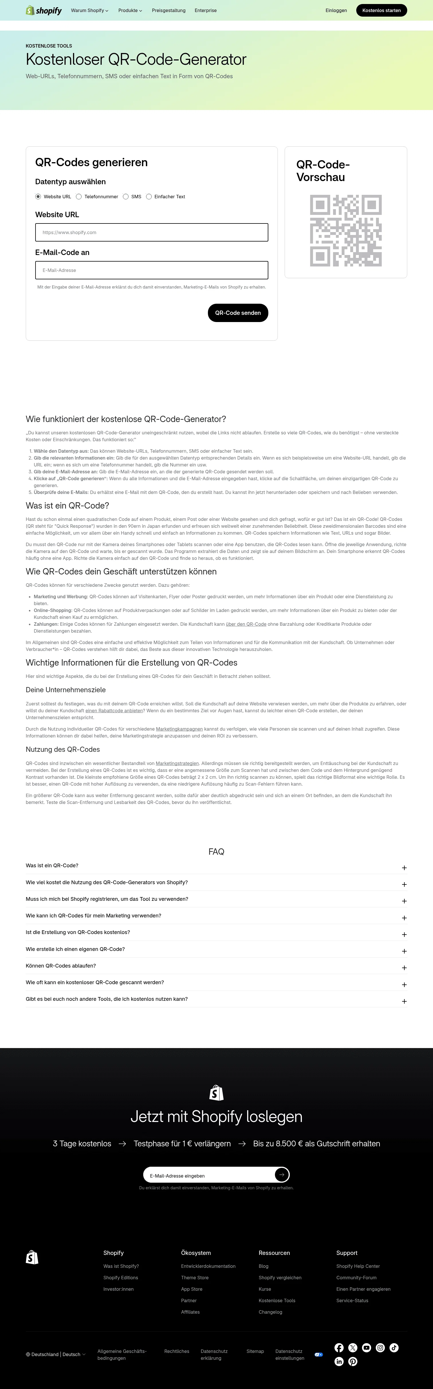 shopify.com/de/tools/qr-code-generator on desktop