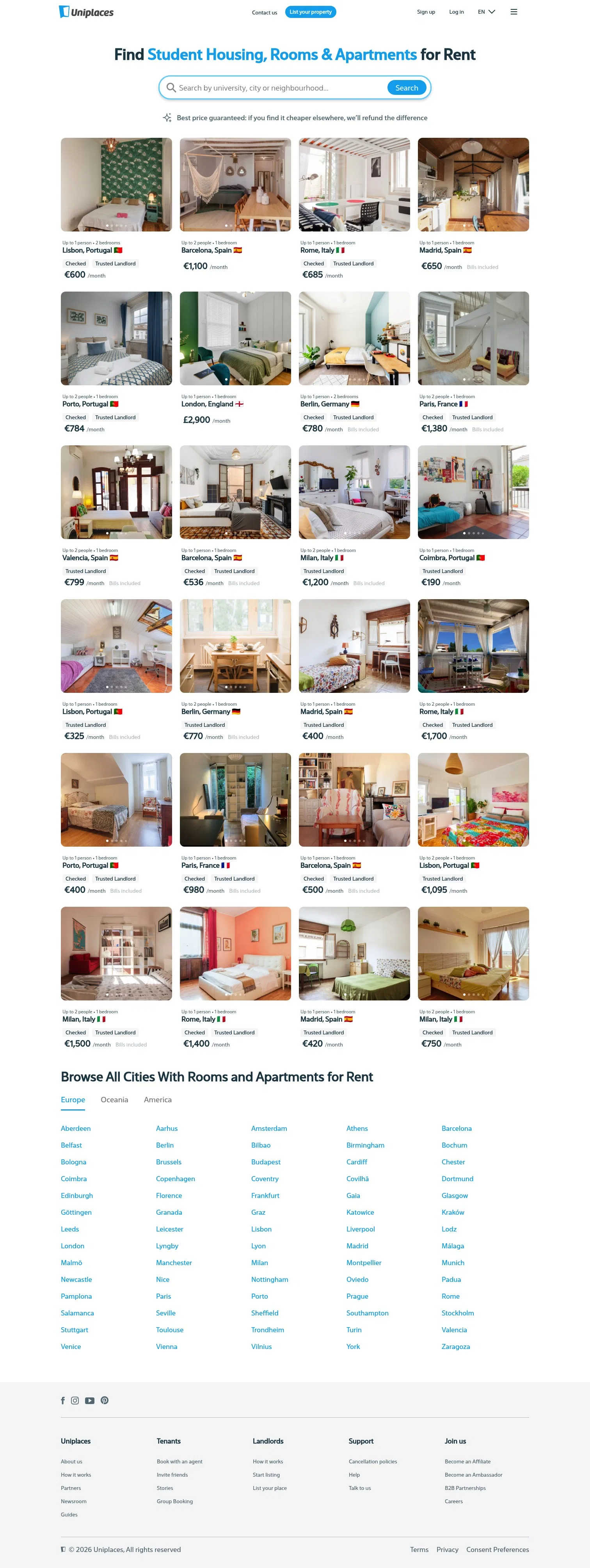 uniplaces.com on desktop, full screenshot