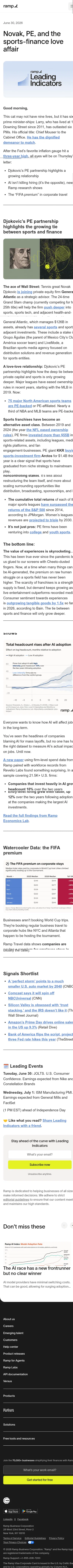 ramp.com/leading-indicators/pe-and-the-sports-finance-love-affair on mobile, full screenshot