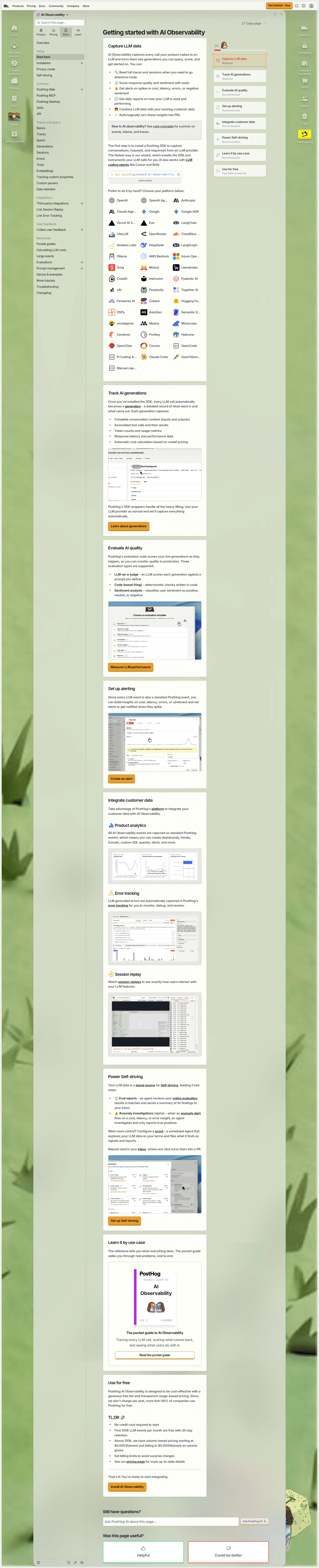 posthog.com/docs/ai-observability/start-here on desktop, full screenshot