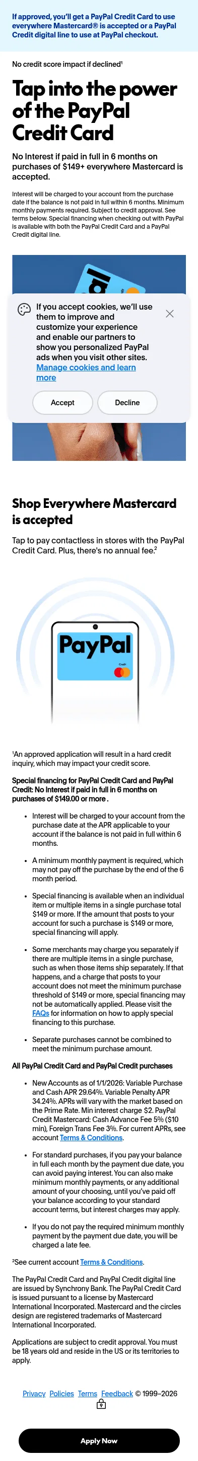 paypal.com/credit-application/paypal-credit-card/da/us/landing on mobile, full screenshot
