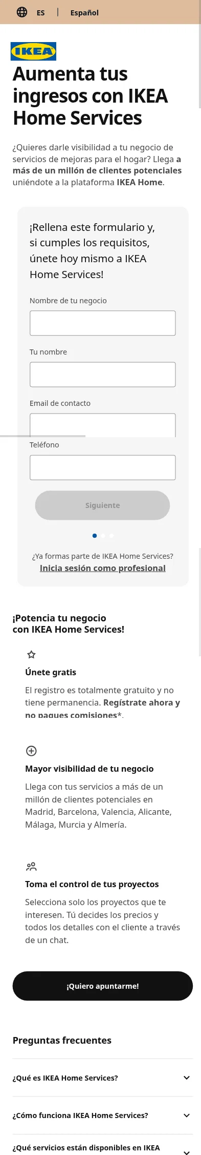 home-services.ikea.com/es/es/professionals on mobile